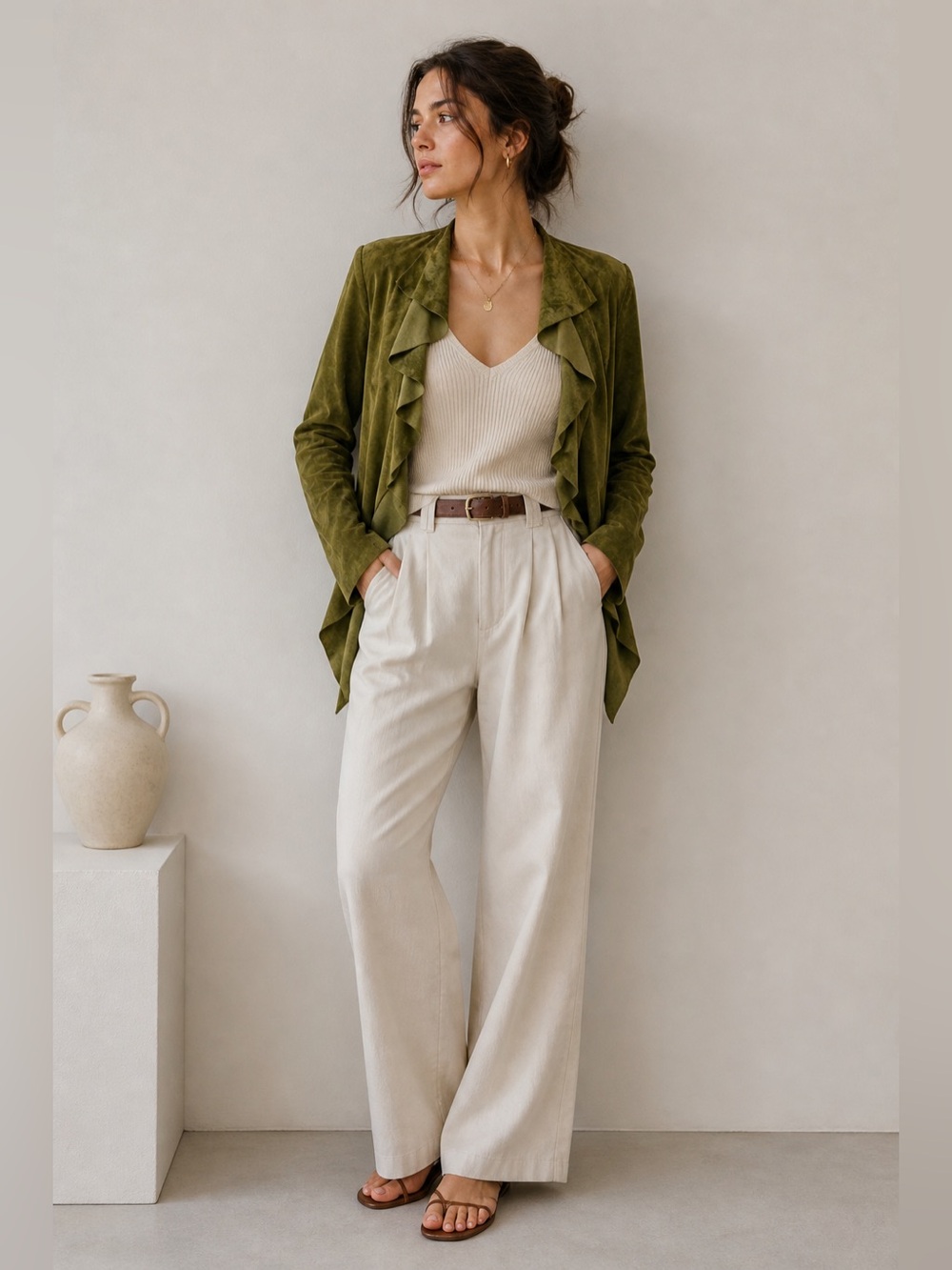 Vintage DANIER Olive Green Suede Ruffle Jacket Leather Slim Fit Sz S